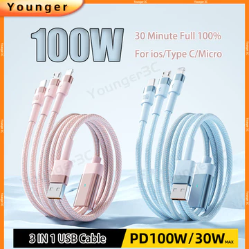 30 Phút Full 3 Trong 1 Cáp Sạc USB Flash 100W Dây Sạc Siêu Nhanh Dây Sạc USB Có Đèn Báo Cáp Dữ Liệu Dệt Nylon Cho ios Loại C Micro