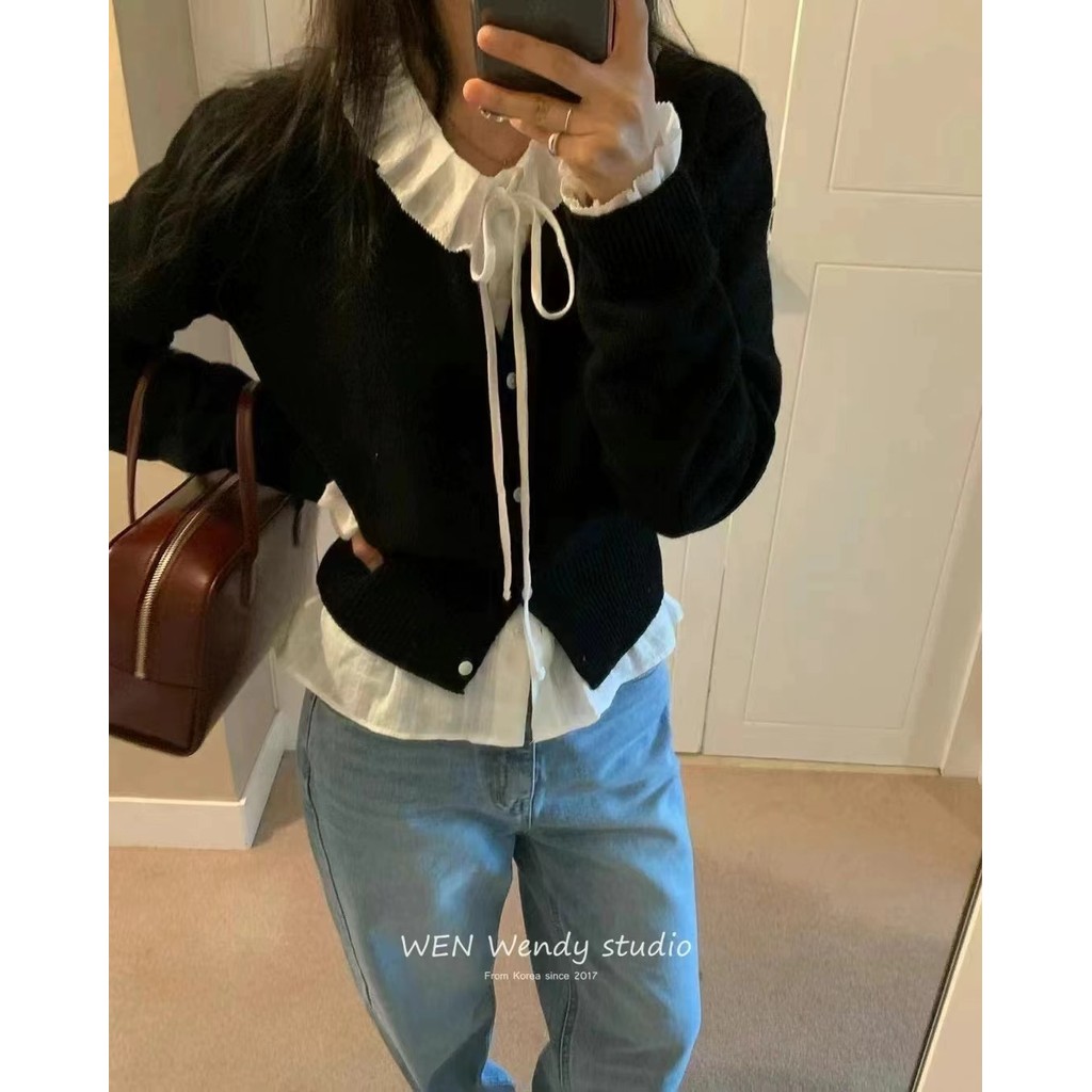 Suxi Retro Màu Trơn Thu Đông Mới Cổ Chữ V Dài Tay Dệt Kim Cardigan Nữ Áo Len Ngắn 240925