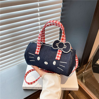 2026 Sweet Hello Kitty Thời Trang Denim Kẻ Sọc Dây Kéo Túi Đeo Vai Đơn