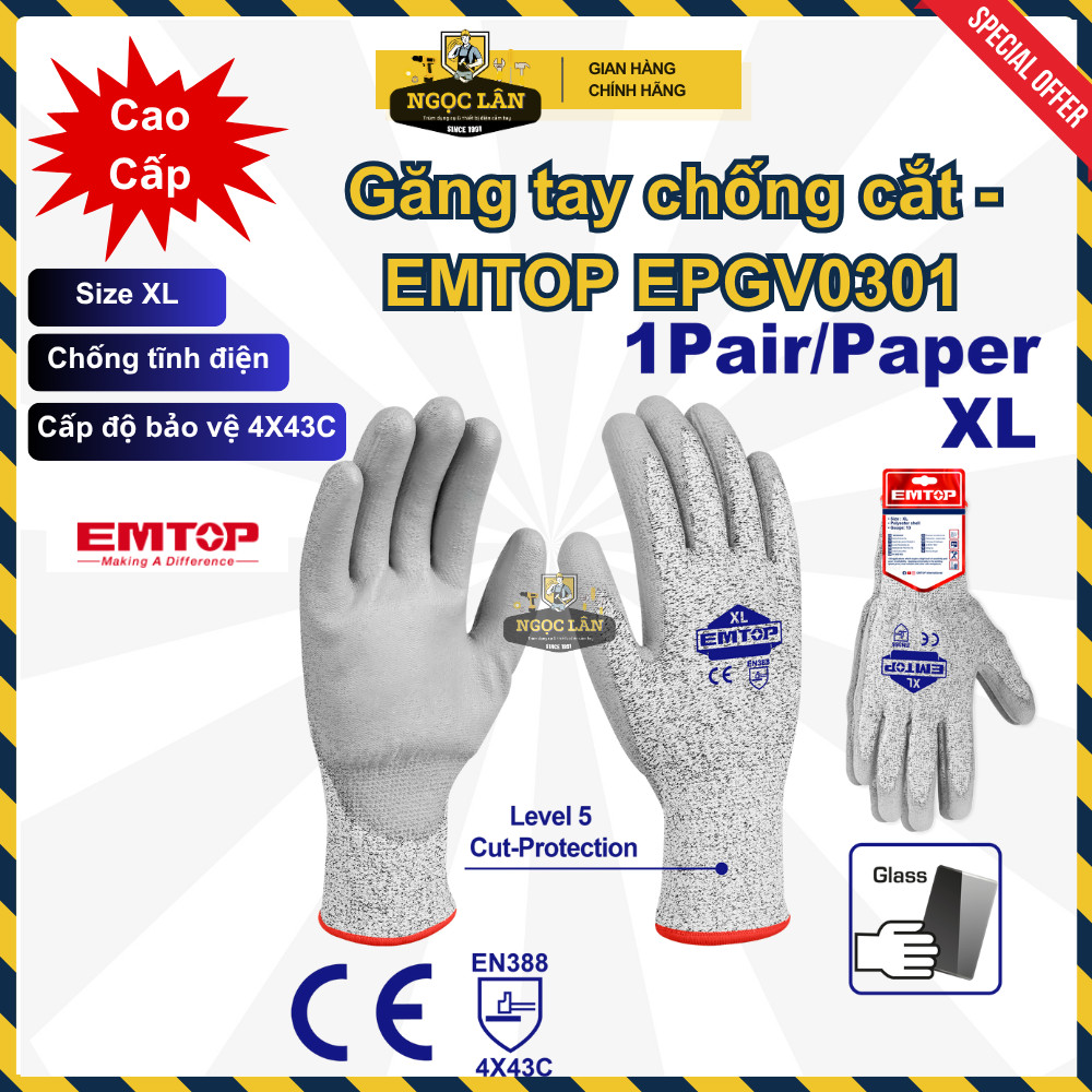 [Chính hãng] Găng tay chống cắt EMTOP size XL chống tĩnh điện cao cấp