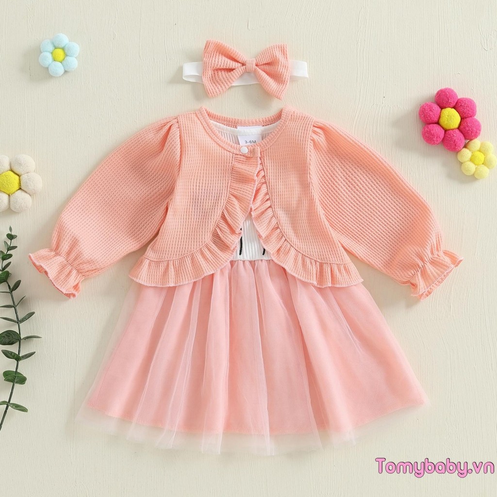Váy trượt vải tuyn hoa cho bé gái có áo khoác dài tay + Bộ quần áo băng đô