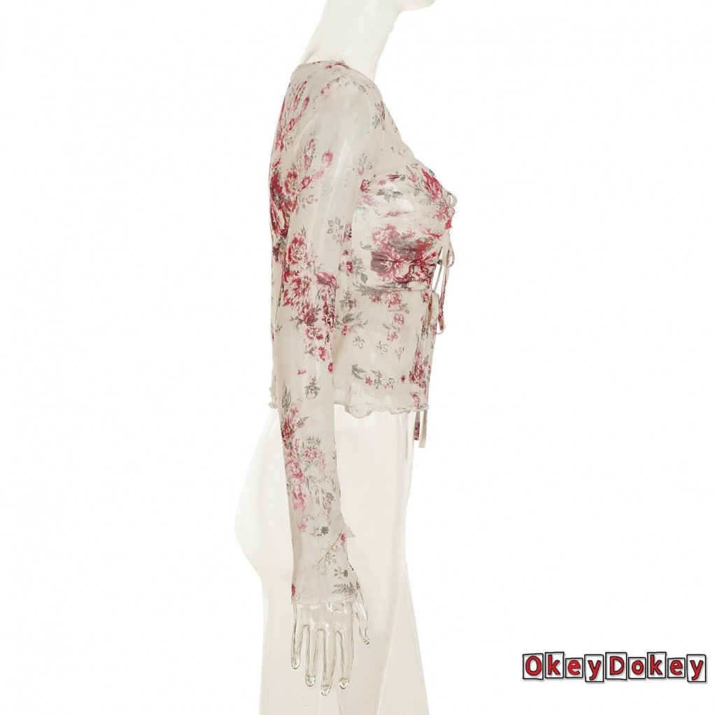 OKDK-Áo sơ mi lưới dài tay buộc dây hoa cho nữ