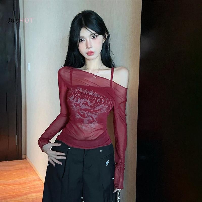 Áo thun nữ lưới mỏng ngoài vai retro gothic, tay dài gợi cảm, phù hợp mùa hè