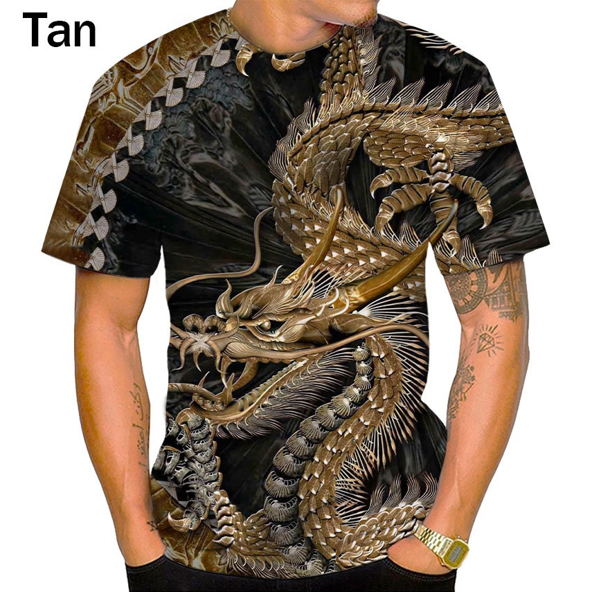 Mẫu mới áo thun nam cổ tròn tay ngắn, họa tiết rồng 3D in nổi bật