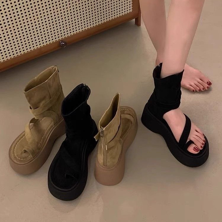 Giày Sandal La Mã Đế Dày Retro Mùa Hè Phong Cách Mới Thời Trang Cover-Toe Giày Sandal Cao Cấp Dây Kéo Ngắn Bo