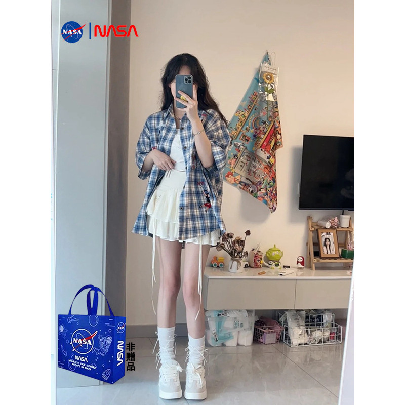 [Yu]Áo khoác sơ mi caro ngắn tay, thiết kế NASA độc đáo, phong cách Nhật Bản mới.