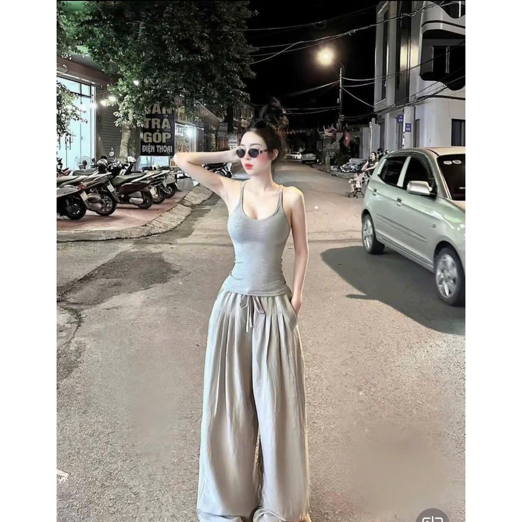 SÉT bộ áo ba lỗ+quần suông bồng bí chất đũi mát TOP nữ
