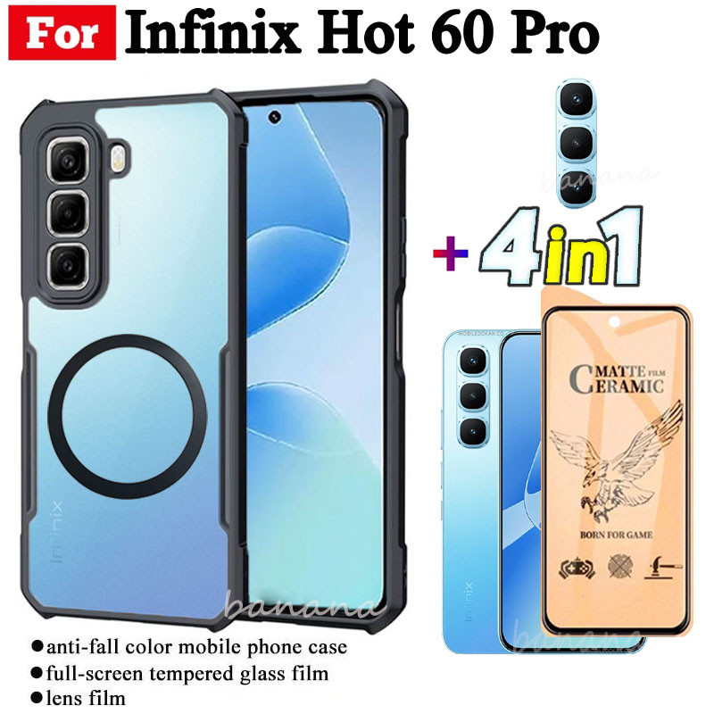 Ốp điện thoại chống sốc 4 trong 1 Infinix Hot 60 Pro có nhãn dán sạc không dây từ tính cho Infinix Hot 60 Hot 60i Chống gián điệp Bảo vệ toàn diện Kính cường lực + Phim ống kính