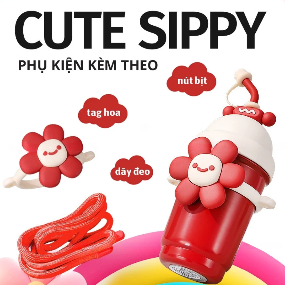 Bình Nước Giữ Nhiệt 700ML Bông Hoa Cúc Chất Liệu Inox 316 Cao Cấp Có Ống Hút + Quai Đeo + Sticker DINOHOME