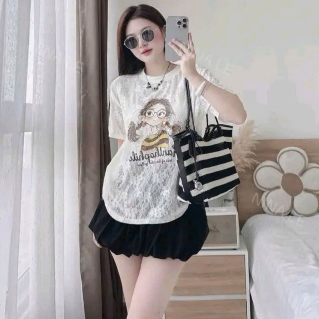 Áo Thun Nữ Bigsize – Cộc Tay Cổ Tròn, Vải Xước Mềm Mại, In Hình Cô Gái Cá Tính, Form Rộng Che Dáng A287