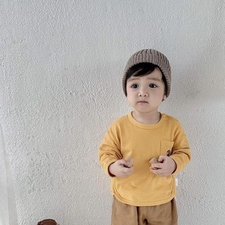 Mùa Thu Phong Cách Mới Trung Nhỏ Trẻ Em Áo Thun Dài Tay Bé Cổ Tròn Nút Đáy Áo Bé Trai Bé Gái Hoạt Hình Áo