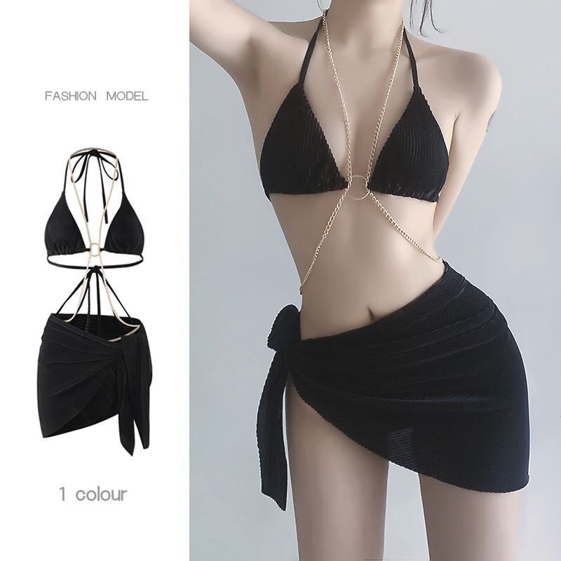 Set bộ đồ bơi bikini ba mảnh màu đen kèm vòng đeo body lấp lánh tôn dáng phong cách hottrend XIMIMI BKN11