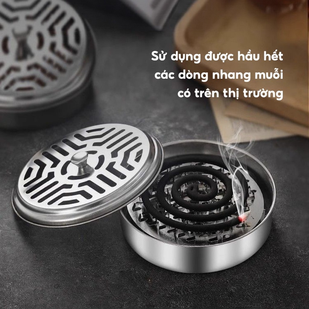 Hộp đựng nhang muỗi bằng thép không gỉ 15cm, Khay đựng hương muỗi có nắp đậy an toàn