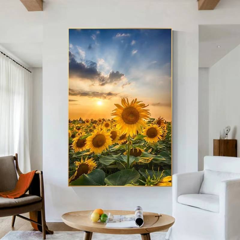 Cánh đồng hoa hướng dương cổ điển lúc hoàng hôn. Sun. Poster phong cảnh nông thôn. Tranh canvas nghệ thuật. Bức tranh tường. Hình ảnh phòng khách. Trang trí nội thất