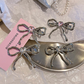 Bộ kẹp tóc barrette bạc giả kim cương nơ, phong cách Hàn Quốc ngọt ngào cho cô gái