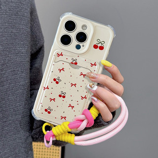 Nơ Anh Đào Lichee Ốp Lưng Điện Thoại iPhone 13 14 Pro Max 12 Mini Đựng Thẻ Ảnh Ví Có Dây Đeo Cổ Tay Dây Cặp Đôi Chống Rơi Mềm Mại