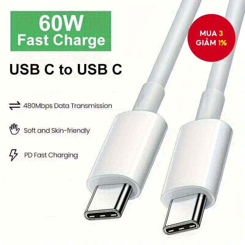 Dây sạc nhanh 60W USB C-C, tương thích Samsung, Xiaomi, Huawei, sạc ...