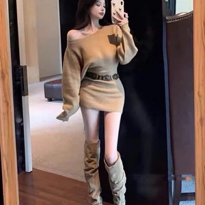 Váy Len Trễ Vai Dài Tay Ôm Hông (Không Có Đai) KCloset Đầm Ôm Body Siêu Hách Dáng Phong Cách Hàn Quốc NA986