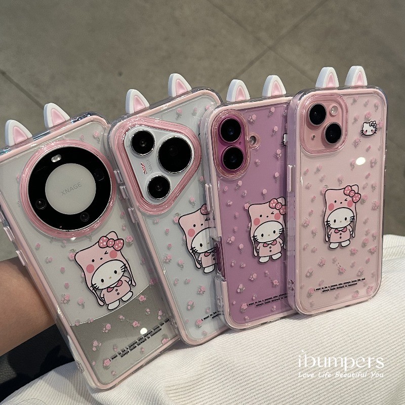 ibumpers Ốp Điện Thoại iPhone Hello Kitty Dễ Thương Tai Mèo Màu Hồng Cho IPhone 11 12 13 14 15 16 Pro Max Ốp Lưng Acrylic Trong Suốt Viền Màu Tinh Khiết