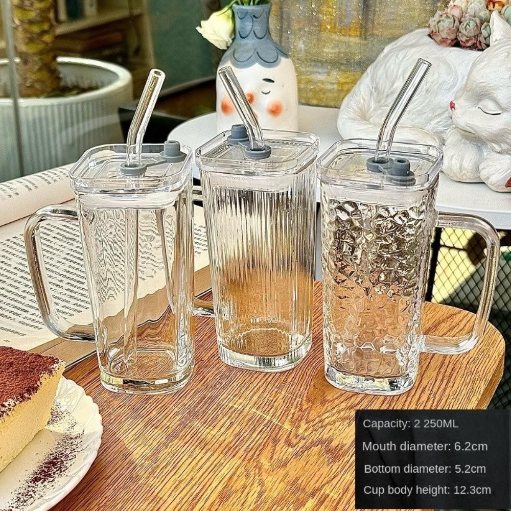 Cốc Thủy Tinh Trong Suốt Chịu Nhiệt Vuông 300ml tặng kèm ống hút và hộp đựng