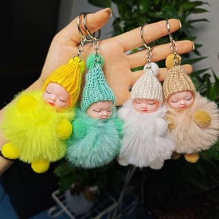 FASHIONEXPRESS Pompom Sleeping Baby Móc khóa, Mũ dệt kim màu trơn khi ngủ cho bé Móc chìa khóa, Búp bê sang trọng dễ thương Giấc ngủ mềm mại cho bé Pompom Móc khóa Quà tặng cho bé gái