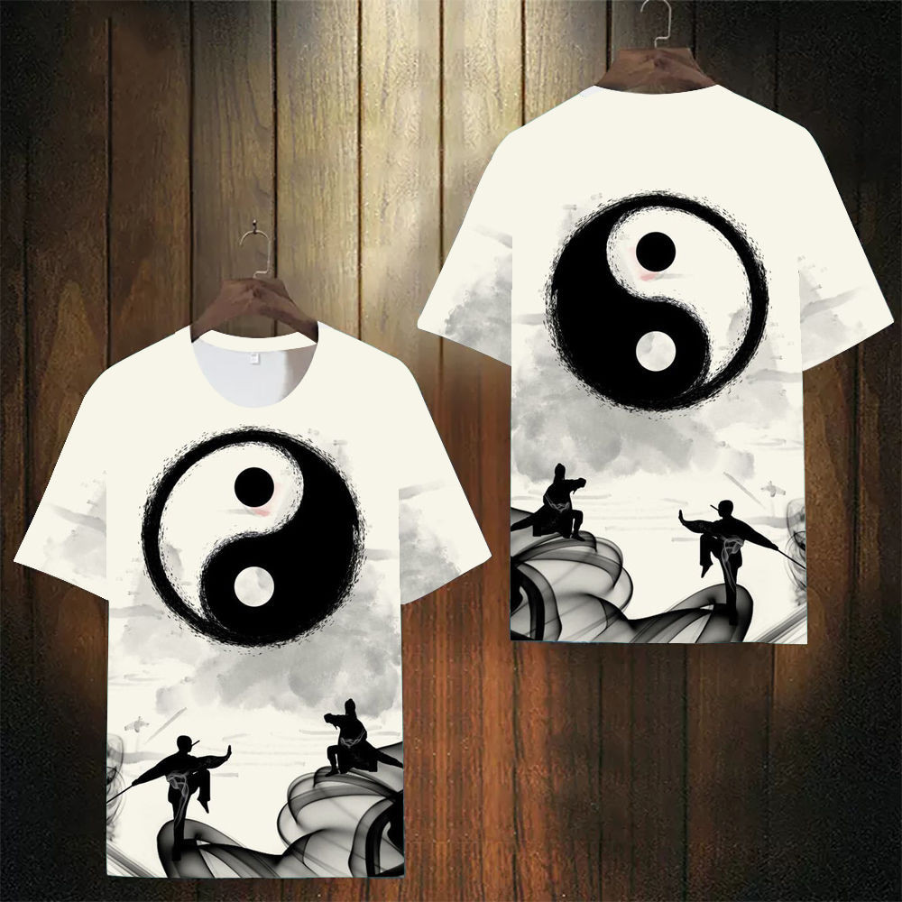 2024 Mới Phong Cách Trung Quốc Hợp Thời Trang Tai Chi Áo Thun Nam Tay Ngắn Mùa Hè Đẹp Trai Áo Thun Thoáng Khí Nhanh Khô Top