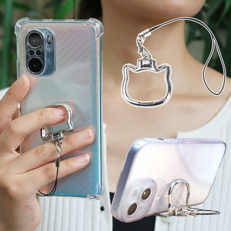Giá đỡ điện thoại hình mèo dễ thương có dây buộc Giá đỡ chân đế gấp chống rơi có dây đeo cổ tay Dây cầm tay quyến rũ