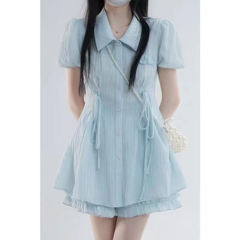 Bộ đồ nữ Thiết kế việt quất Xanh mới ngọt ngào Áo sơ mi ngắn tay + quần Short Bộ đồ hai mảnh eo cao