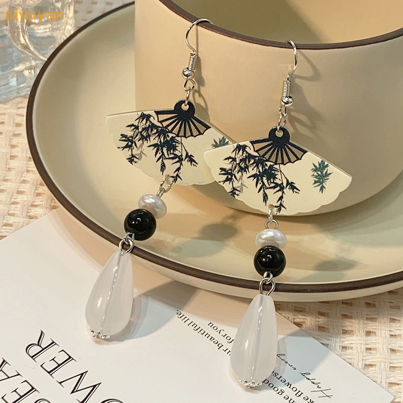 Siyuyan Trung Quốc Mực Quạt Mặt Dây Chuyền Bông Tai Nữ Thời Trang Sáng Tạo Dài sel Quốc Gia Bông Tai Trang Sức Quà Tặng VN