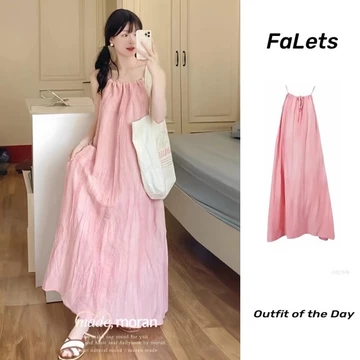 Váy 2 dây trễ vai Váy đi biển Đầm hai dây bigsize nữ Váy dài màu hồng cho nữ cỡ lớn, áo ba lỗ mùa hè cho nữ, váy không tay ôm sát khí chất, váy dài đi biển, Váy treo ngày lễ