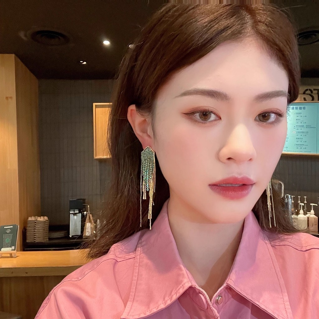 Pháp Phóng Đại Bông Tai Tua Rua Nhẹ Sang Trọng Kim Cương Giả Dài Nhiều Màu Sắc Bông Tai Zircon