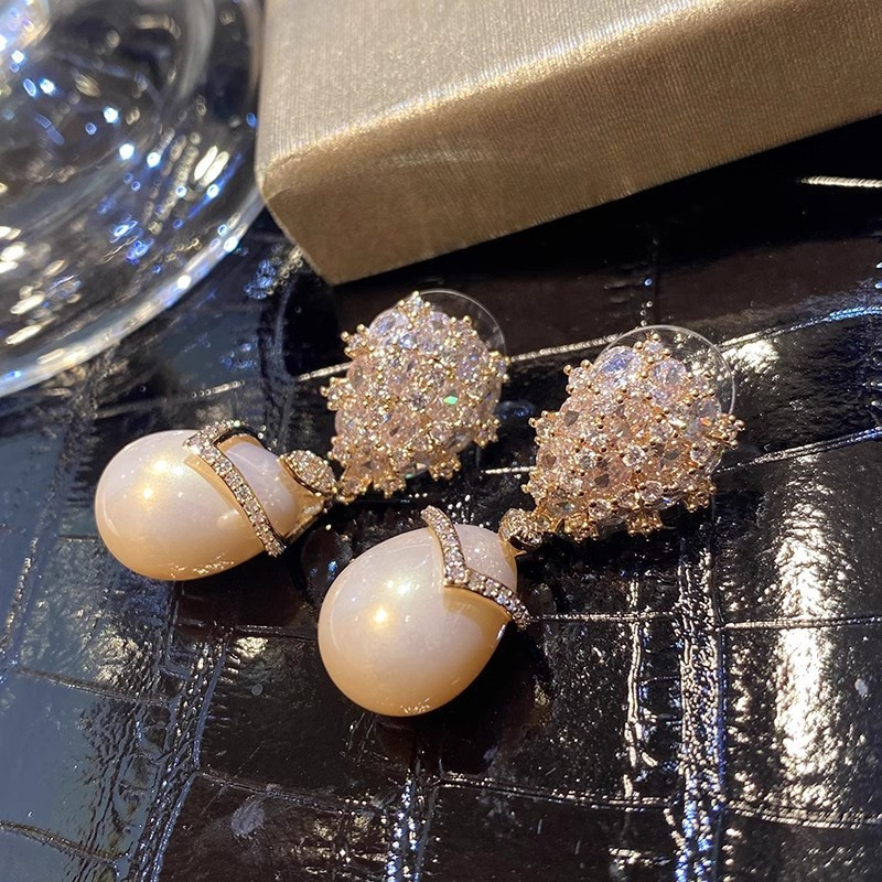 Pháp Champagne Ngọc Trai Zircon Bông Tai Nữ Tính Khí Nhẹ Bông Tai Sang Trọng