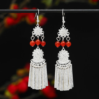 Bông tai bạc Miao phong cách Trung Quốc, tua dài ngọc bích Aventurine, kẹp tai nữ, móc bạc S925