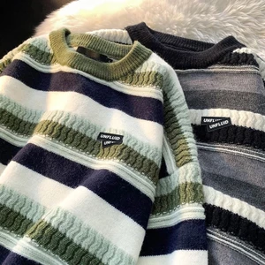 Áo len mùa đông Unisex dáng rộng chất liệu dệt kim họa tiết kẻ sọc phong cách thời trang Hàn Quốc MT33 SP201