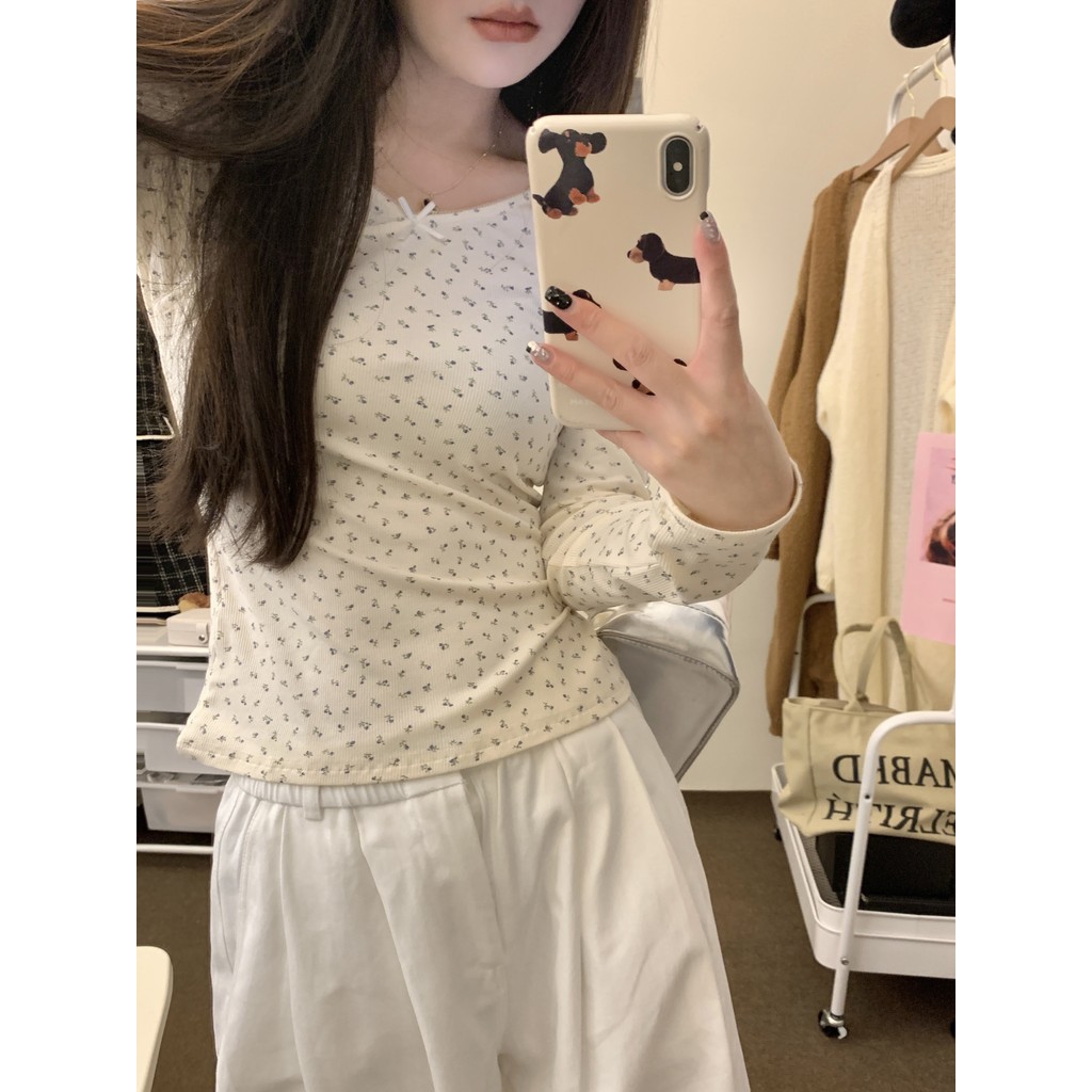 Suxi Thu Đông Pháp Retro Hoa Thời Trang Đơn Giản Slim Fit Áo Thun Dài Tay Nữ Top 240903
