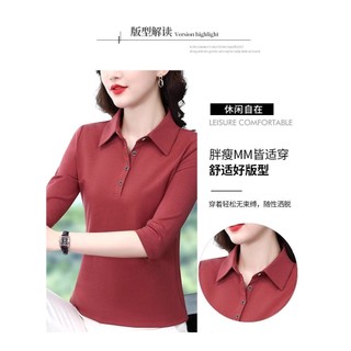 Cotton Nguyên Chất Cổ POLO Dài Tay Chính Hãng Vai Áo Thun Nữ Xuân Thu Phong Cách Mới Trung Niên Mẹ Mặc Tất Cả @