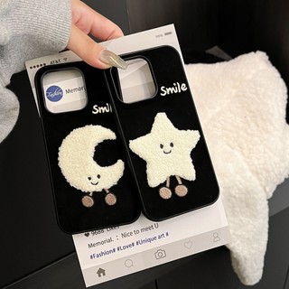 Hoạt Hình Dễ Thương Sang Trọng Ngôi Sao Mặt Trăng Đen Flannel Ốp Lưng Điện Thoại iPhone 16 15 14 13 Pro Max Nữ Tính Mùa Đông
