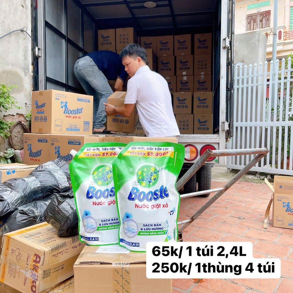 Thùng 4 túi nước giặt xả Bosster hương nắng xuân 2.4L/ túi, Combo tiết kiệm giặt & xả 2in1
