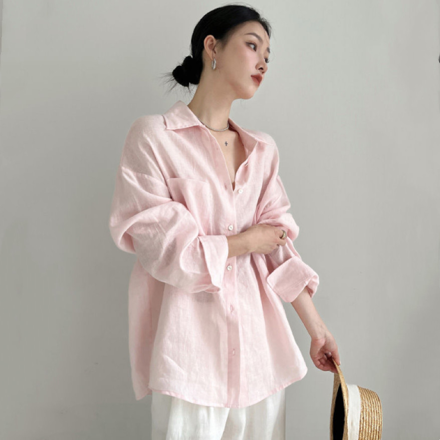 Áo sơ mi vải lanh thoáng khí mùa thu dành cho nữ dài tay gấp cổ rộng chống nắng