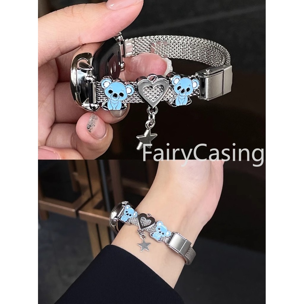 Dễ Thương KT Cat Flash Dây Thép Không Gỉ Cho Xiaomi Mi Band 10 9 8 Vòng Tay Kim Loại Thay Thế Dây Đeo Đồng Hồ Cho Miband 7 6 5 4 3 NFC Phụ Kiện