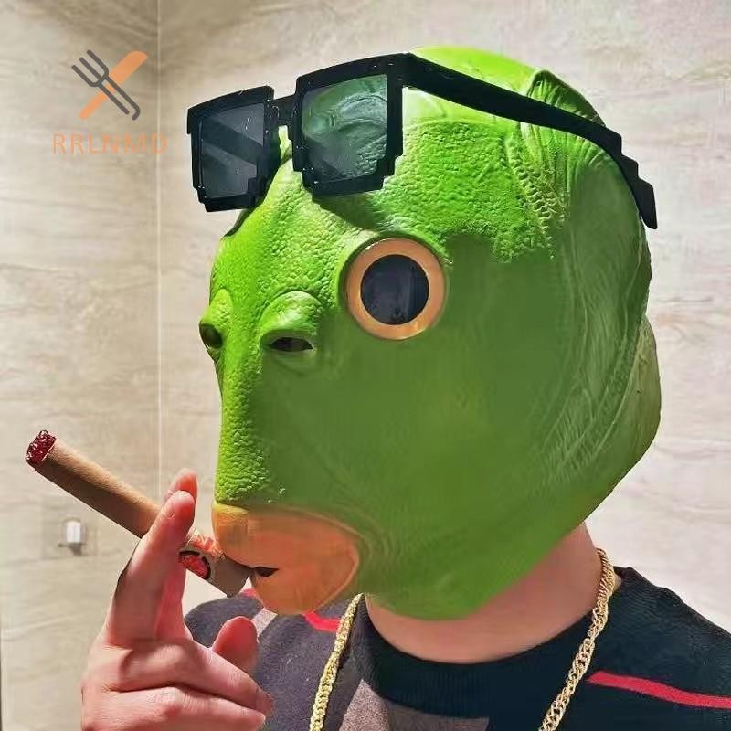 Rrlnmd Halloween Đầu Cá Xanh Quái Vật Mặt nạ Đồ Chơi Cát Điêu Khắc Chơi Lạ Xanh Đầu Cá MỚI