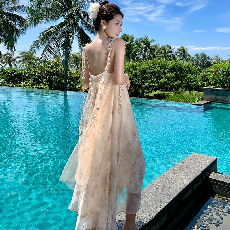 [Yu]Váy dây bướm mực mùa hè, phong cách Trung Quốc, dáng dài, thanh lịch, xinh.