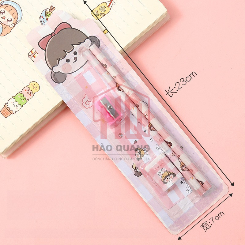 Set Dụng Cụ Học Tập Học Sinh 4 Món – Bút Chì, Thước, Gọt, Tẩy – Siêu Dễ Thương