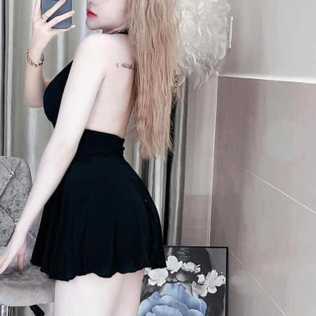 Đầm xoè cổ yếm kèm quần, thun La Dong trơn mịn, freesize <55kg, mẫu đầm nữ đen đỏ kem