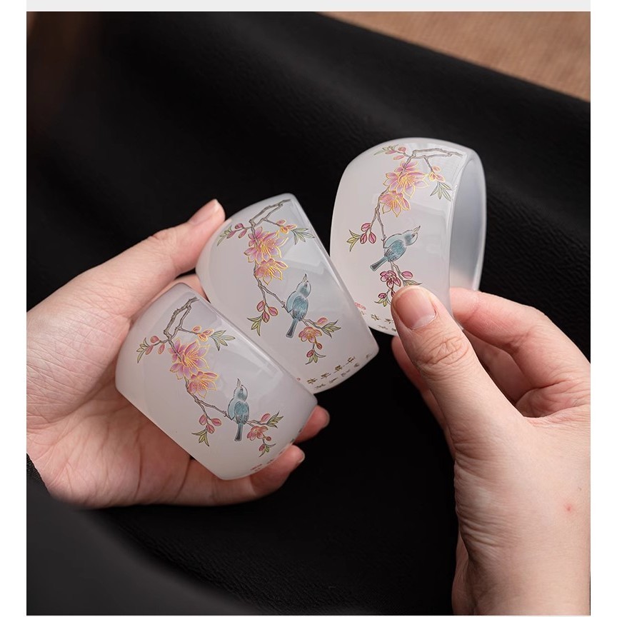 Chén Khải Tiềm Trà Bằng Ngọc Lưu Ly  Họa Tiết Hỷ Thượng My Sảo Cao Cấp Dùng Thưởng Trà