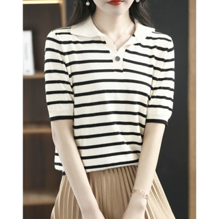 Áo Len Sọc Tay Ngắn Nữ Cổ Áo Polo Mùa Hè Rời Đi Lại Mỏng Top