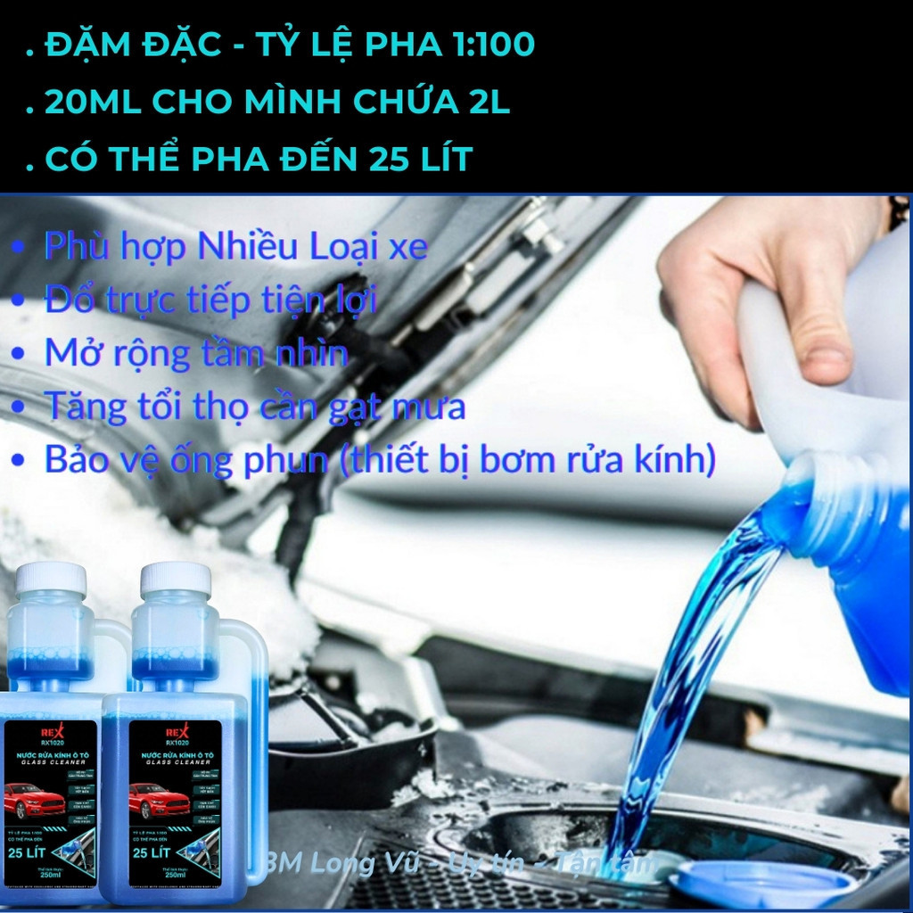 Nước Rửa Kính Ô Tô REX Glass Cleaner 250ml Rửa sạch kính, Hạn chế cặn canxi, Bảo dưỡng gạt mưa