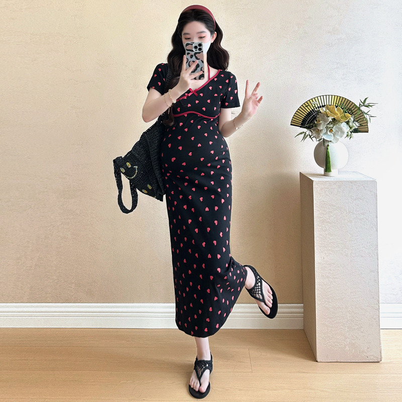 Váy dệt kim in hình mùa hè cho bà bầu