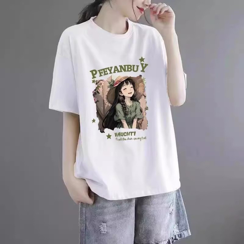 Áo thun ngắn tay cổ tròn cổ điển cho nữ với họa tiết hoạt hình đáng yêu, phù hợp mùa hè