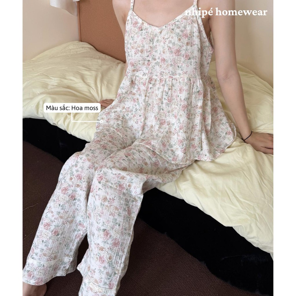 Bộ đồ áo 2 dây quần dài xô muslin Nhipé homewear nữ set đồ ngủ mặc nhà chất liệu cao cấp mềm mịn thoáng mát